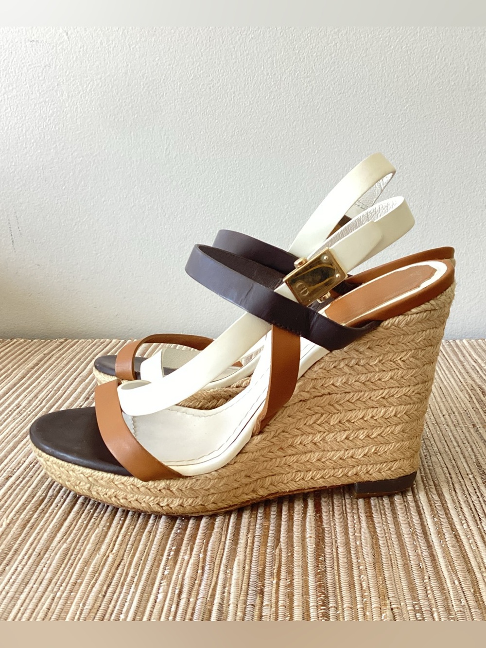 Christian DIOR White Black Leather Strappy Espadrille Wedge Sandal Shoes 37